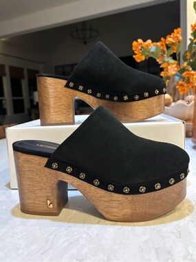 Larroude Miso Wooden Platform Clogs Black Suede Gold Block Heel Mules NWT